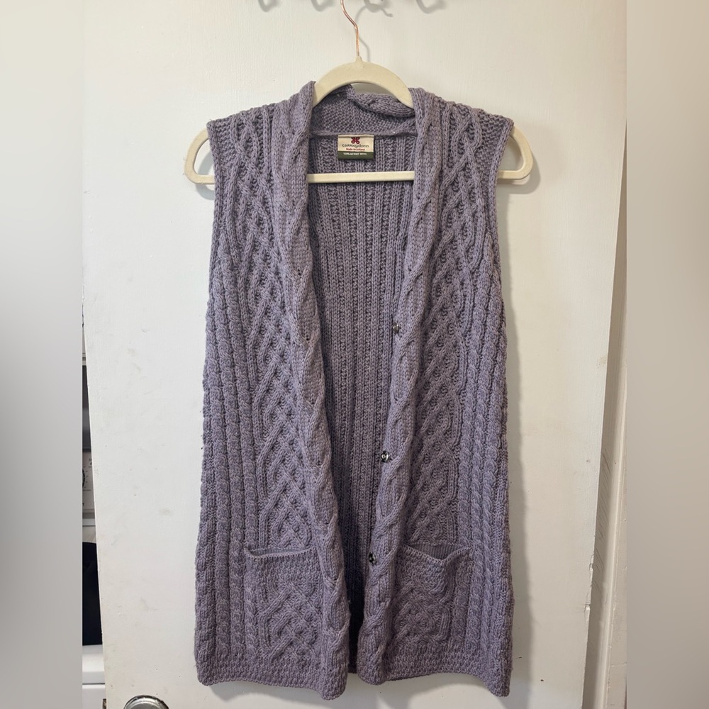 Carraig Donn Merino Irish Wool Snap Fisherman Cable Knit Sweater Vest Ireland M
